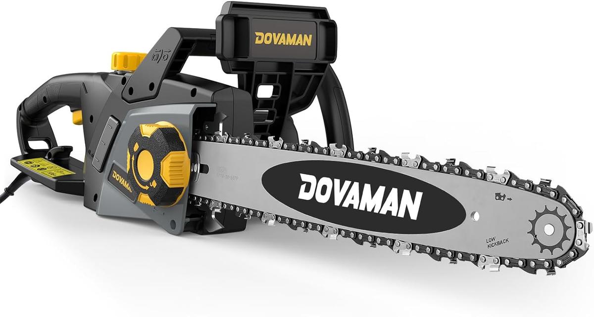 DOVAMAN 2400W Elektro Kettensäge, 40cm Oregon Schwert und Kette, werkzeuglose Kettenspannung, 15m/s, Rückschlagschutz, inkl. 2 Ketten, Kettensäge ideal für Brennholz, Garten und Baumschnitt - DCS01A