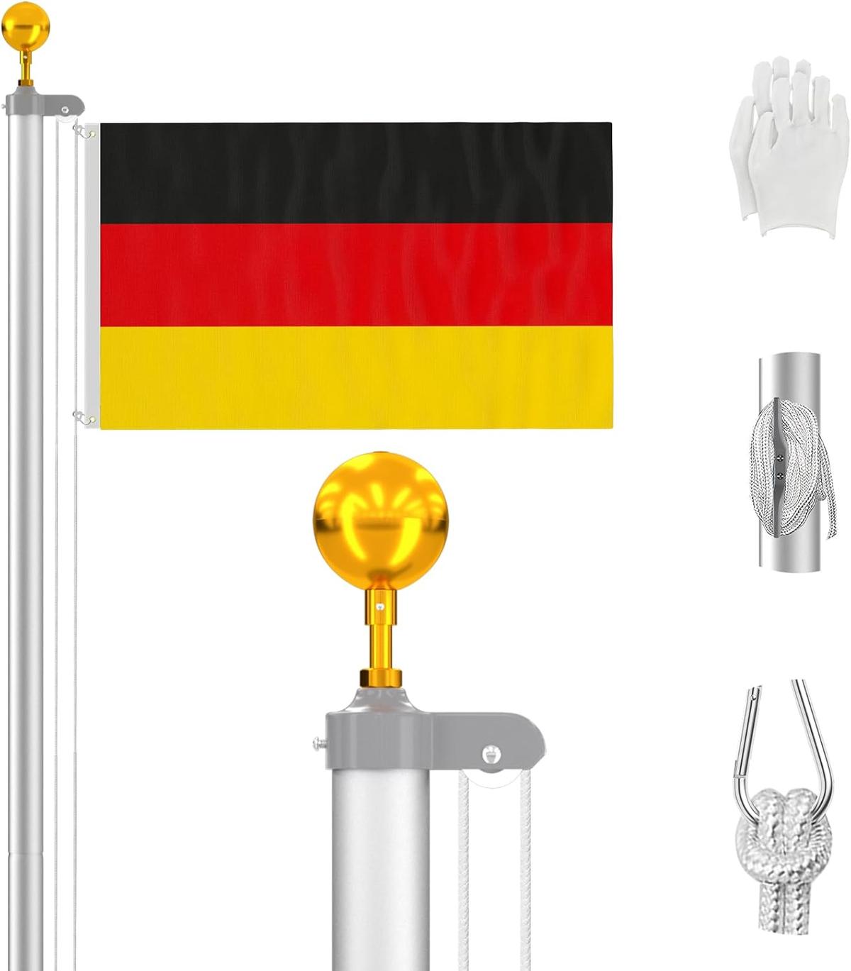 ZMTECH Fahnenmast 6m Stabil für den Außenbereich, 600 cm Aluminium Garten Flaggenmast mit 2 Deutschland Flagge, Seil und Klammern für Feste, Garten, Haus, Wohn- und Geschäftszwecke, Silber