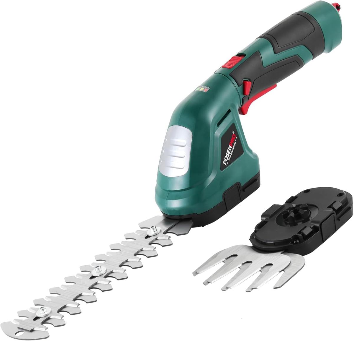 POSENPRO Akku-Heckenschere 7,2V, 2-in-1 Rasen- und Strauchschere mit 180° drehbarem Griff - Kabellose Handrasenmäher für Garten, Hof und Rasenpflege