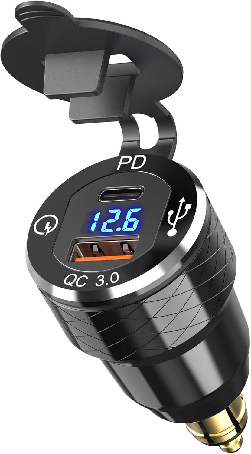 USB Din Hella Steckdose Adapter für BMW Motorrad: USB C PD 30W Ladegerät 12V Wasserdicht EU Typ C USB Stecker QC3.0 Anschluss mit LED Voltmeter für iPhone DC 12-24 Volt Europäisch Ducati Triumph BMW