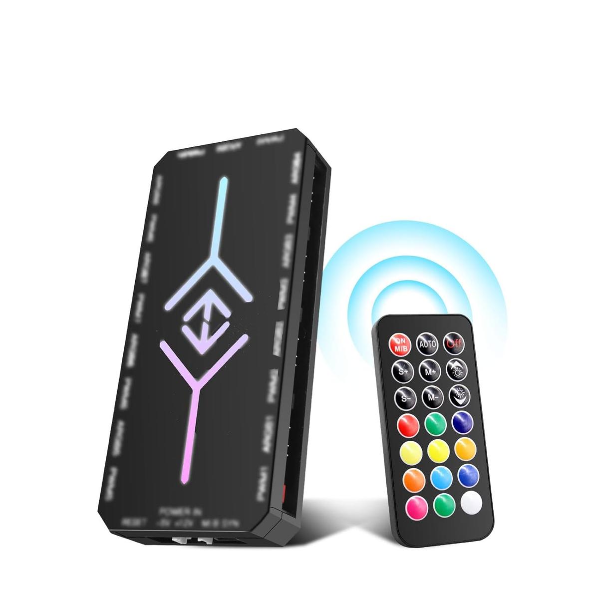 ARGB PWM Fan Hub mit Controller RUIZHI 2-in-1 ARGB Controller Hub mit 9 x 4Pin PWM Fan Connectors & 5V 3Pin Ports mit Magnetic Base und SATA Power 18 Port für RGB Beleuchtung/RGB Controller (Schwarz)