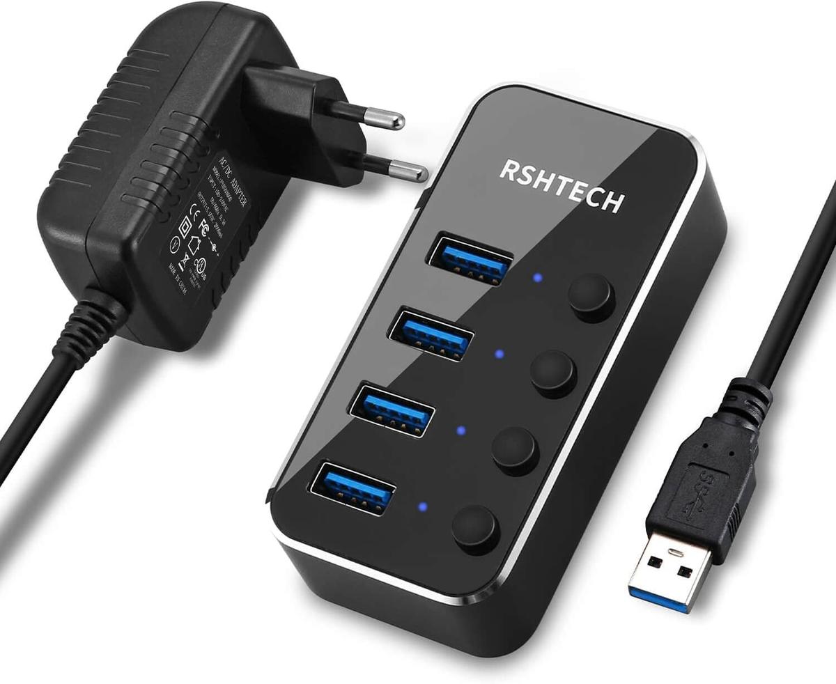 RSHTECH USB Hub Aktiv 3.0 mit Netzteil, USB 3.0 Hub Aktiv mit 4 Ports USB Verteiler 3.0 Datenhub mit 10W(5V/2A) Netzteil und Einzelne Schalter, für die Datenübertragung, Leichter und Tragbarer