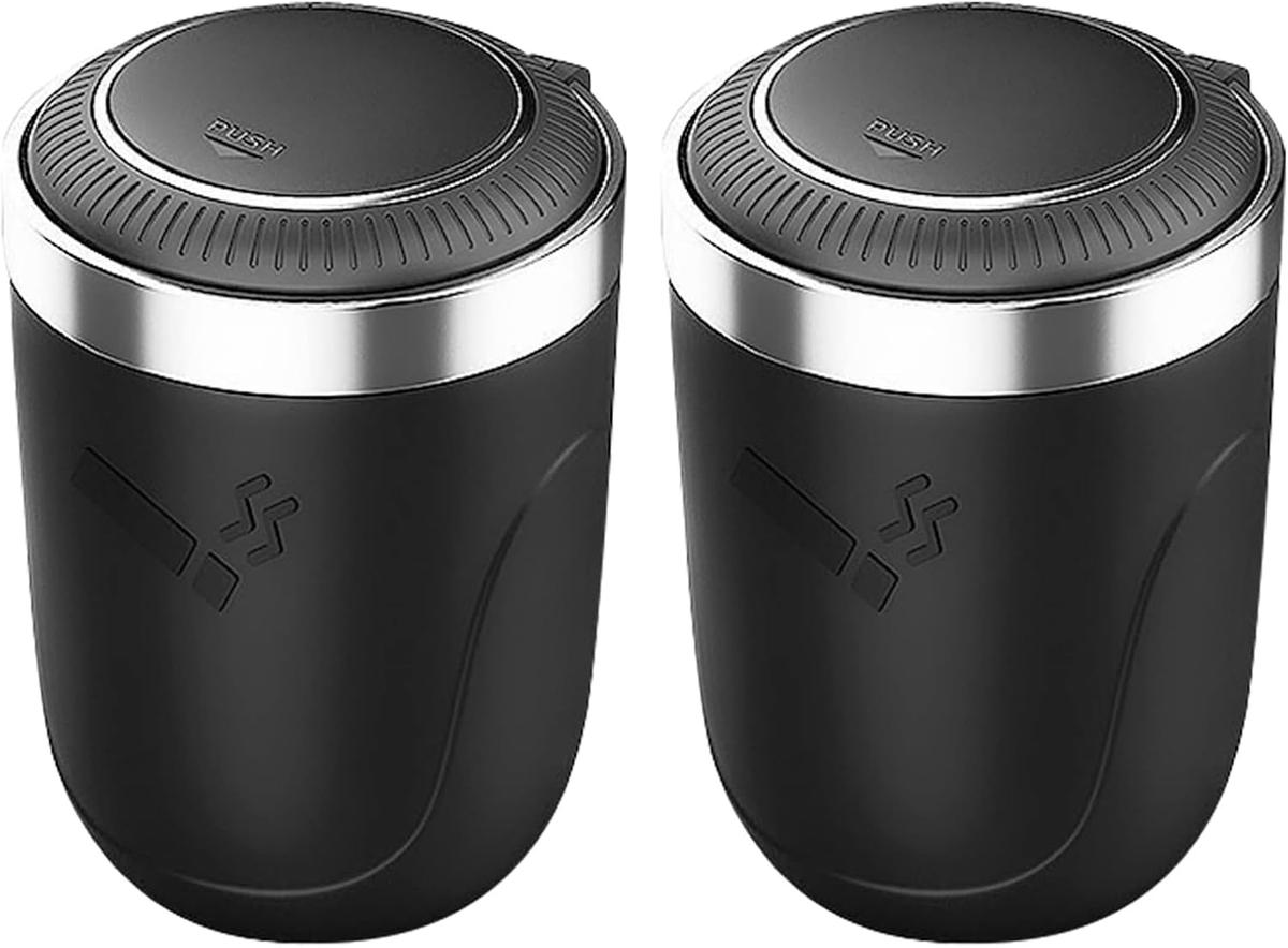 Auto Aschenbecher 2 Stück, Tragbarer Edelstahl Fahrzeug Rauchfreien Aschenbecher Zigarette mit Deckel & LED Beleuchtet für Autos Vans Outdoor Camping, Schwarz