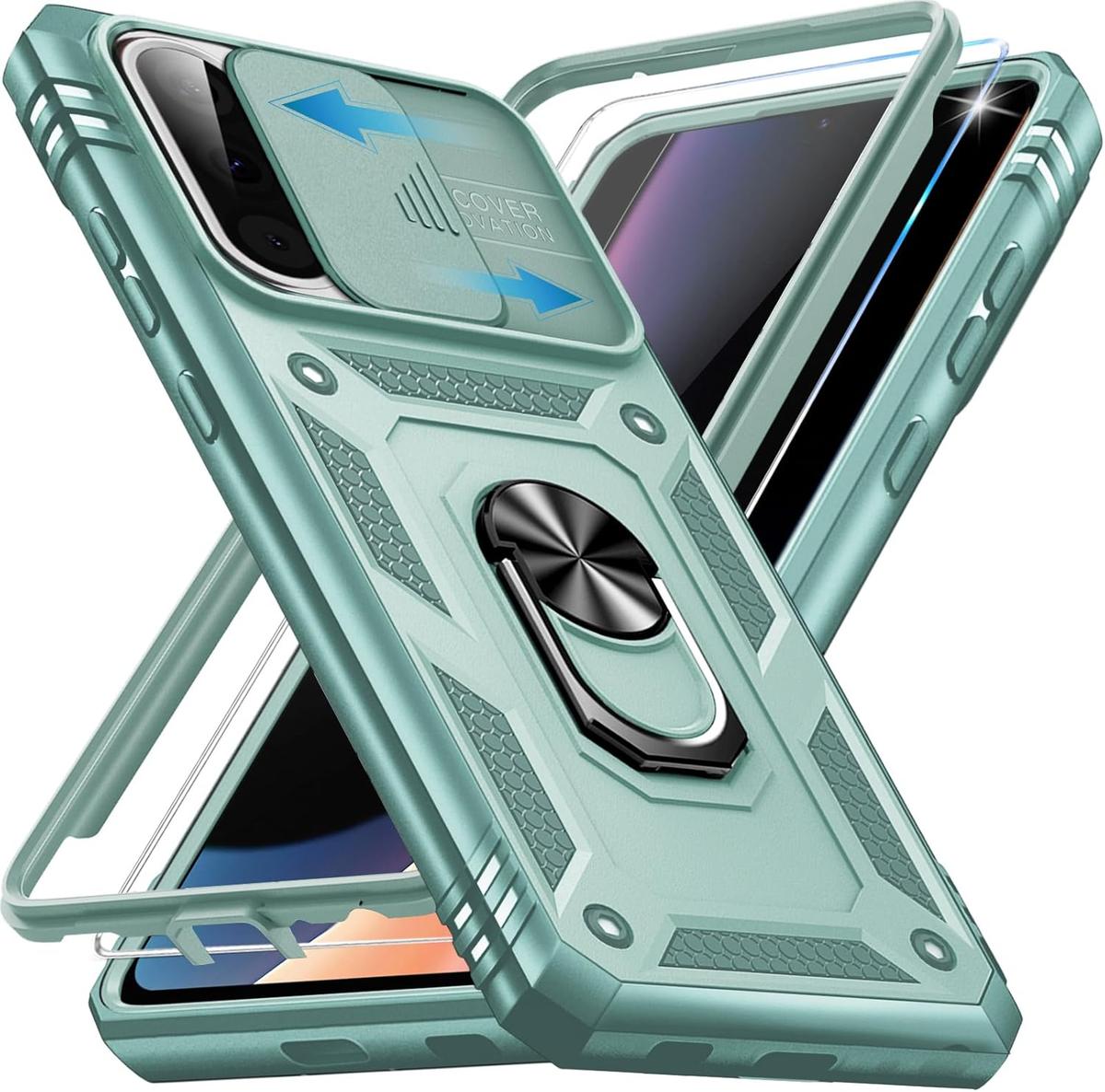 Giyer Panzerhülle für Samsung Galaxy A17 Hülle mit Schutzfolie, Handyhülle A17 4G/5G Case mit Kameraschutz 360° Metall Ring Ständer, Stoßfest Schutzhülle für Samsung A17 5G Cover Tasche (Mintgrün)