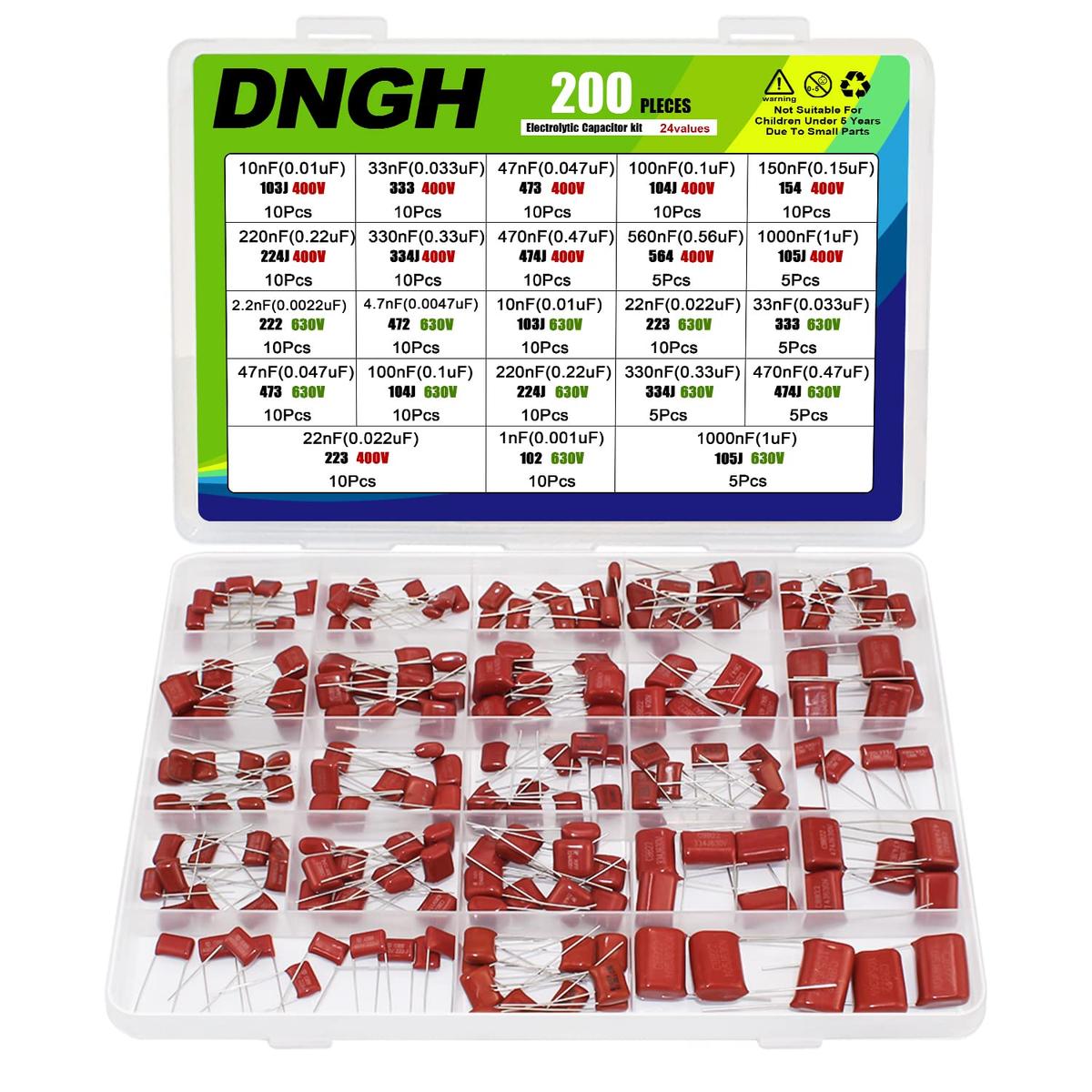 Kondensator Polypropylen 200 Stück Kondensatoren Set Folienkondensatoren Sortiment Metallfilm Kondensatoren Metallisierte Kondensator Sortimentskit 400V und 630V 1nf 10nf 22nf 47uf 330nf 470nf 1uf