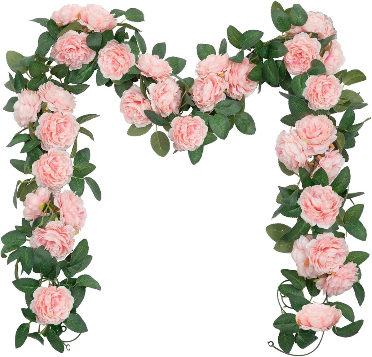SHACOS 3 Stück (6,0 m) Rosengirlande Rosa Blumengirlande Künstlich Kunstblumen Rose Girlande Vintage Pfingstrosen Girlande Seidenblumen Hängend Rebe für Hochzeit, Party, Garten, Dekor, Weihnachten