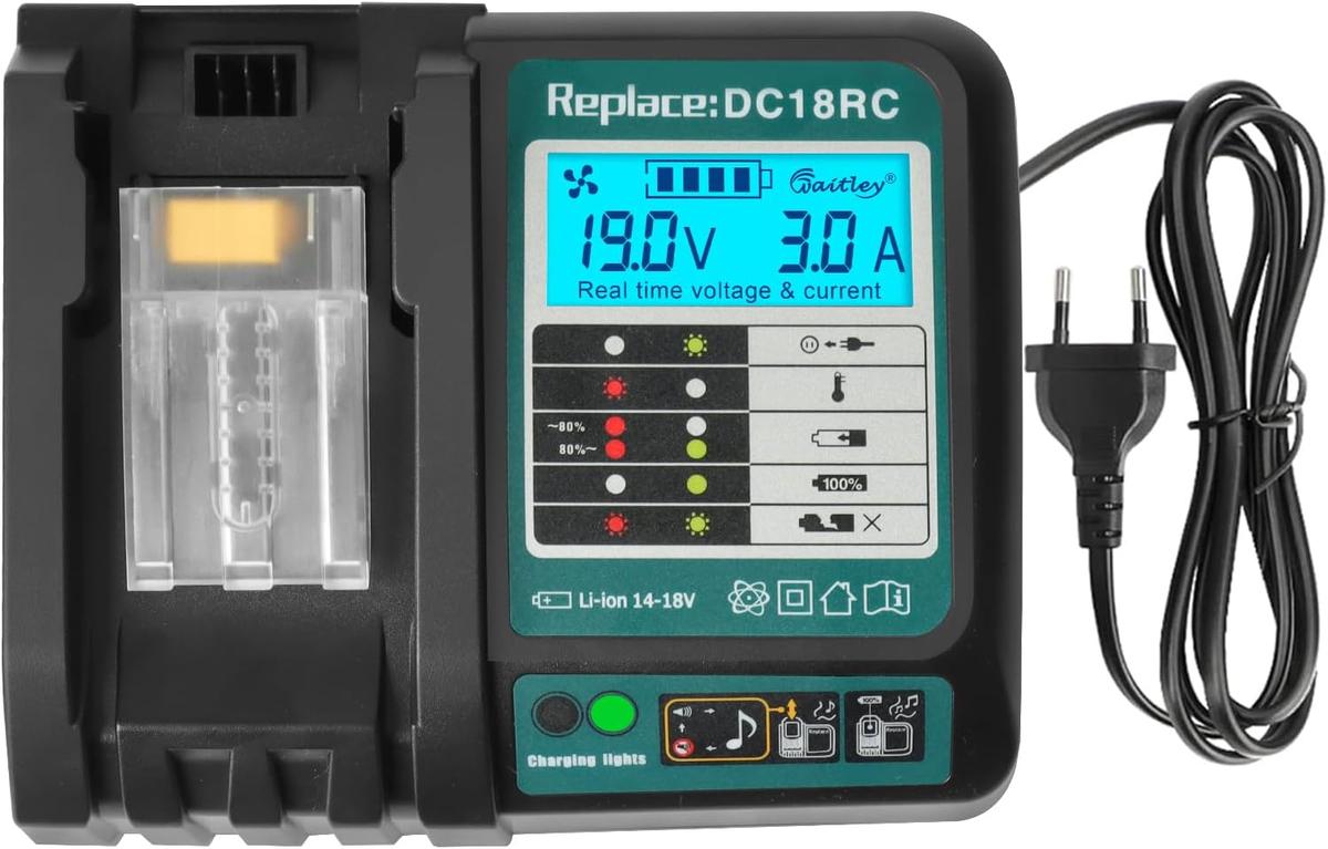 Powarobor DC18RC 18V Schnellladegerät Kompatibel mit Makita 14,4 V-18 V Ersatzakku mit LCD-Anzeige BL1830B BL1850B BL1860B