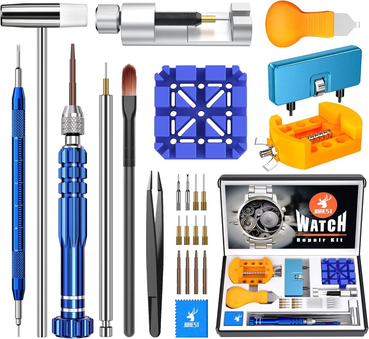 Jorest Uhrmacherwerkzeug Set, Uhr Batteriewechsel Werkzeug, Uhrenwerkzeug Stiftausdrücker für Uhrarmband, mit Uhrenöffner Gehäusebodenöffner, Federstegwerkzeug, Uhrenwerkzeug