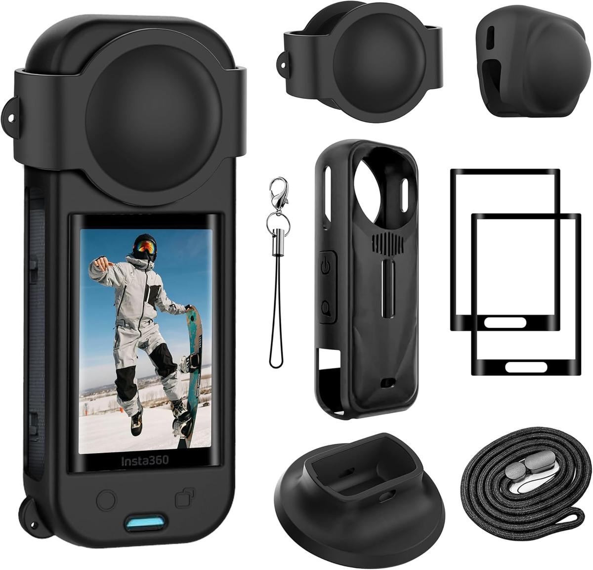 FiTSTILL-Schutzset für Insta 360 X5, Displayschutz aus gehärtetem Glas und Silikonhülle und Silikon-Objektivabdeckung und Silikon-Stützbasis, X5-Zubehör